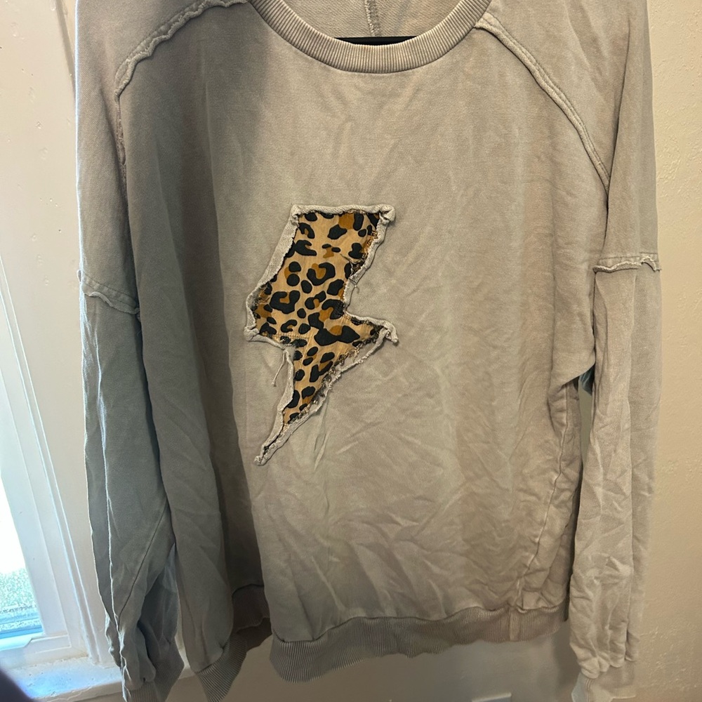 Gray Sweatshirt with Leopard Print Lightning Bolt